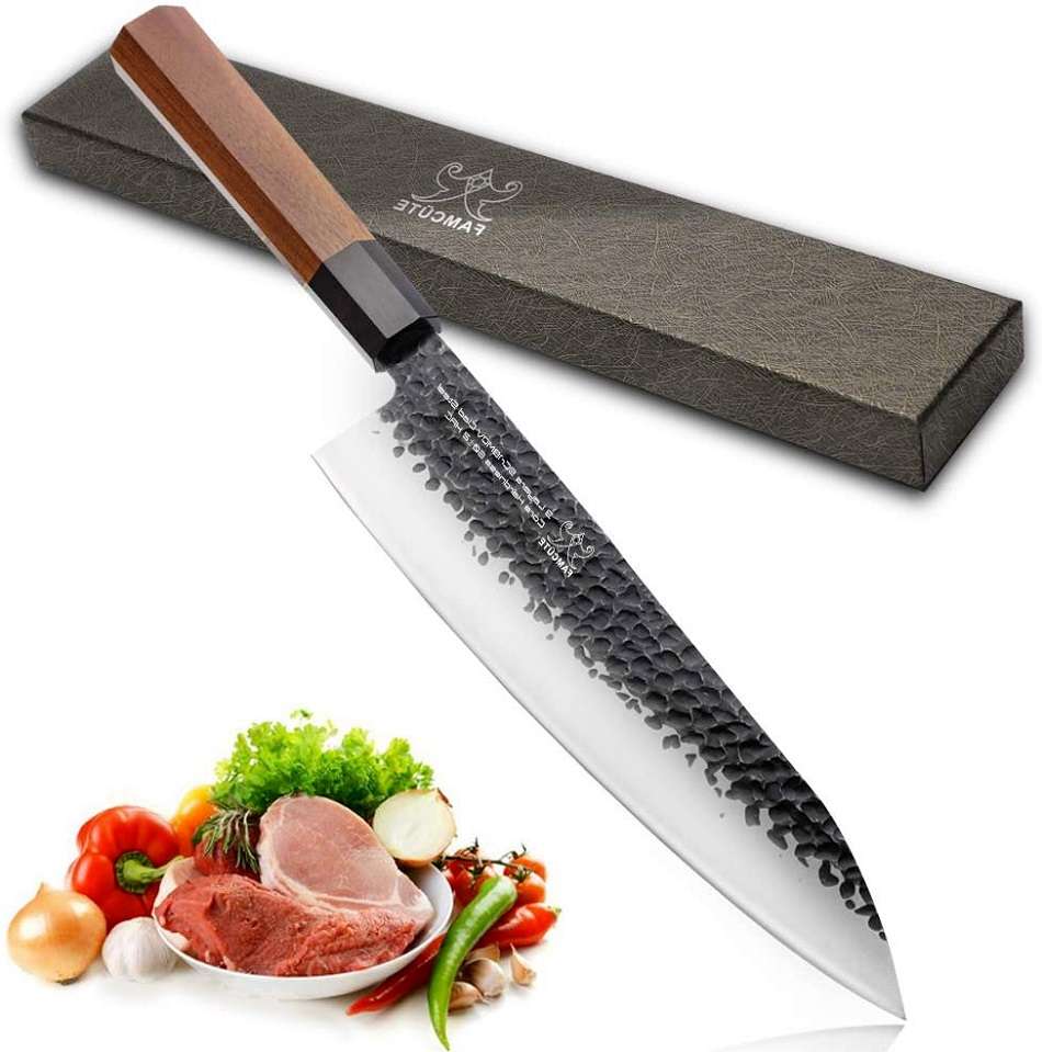 FAMCÜTE 8 Inch Japanese Chef Knife, 3 Layer 9CR18MOV Clad Steel w/octagon Handle Gyuto Sushi Knife for Home Kitchen & Restaurant