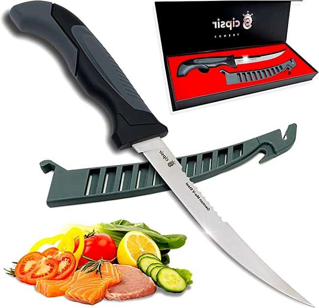 Meat and fish Filet Knife - Curved salty water-resistant. German steel 7-inch blade with sheath.