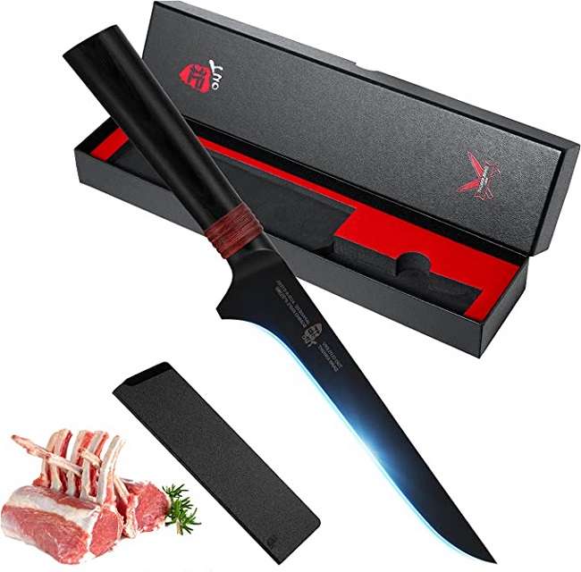 TUO Boning Knife 6". Flexible Fillet Knife Professional Fish Knives with Black Titanium Plated Blade. - Japanese AUS8 Stainless Steel Pakkawood Handle - Dark Knight Series with Sheath & Gift Box