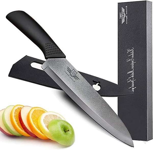 Kitchen Emperor Best Ceramic Chef Knife 8 inch. Professional Chef Knife with Safety Sheath.