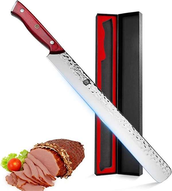 Slicing & Carving Knife–11"Japanese Brisket Knife Forged in Fire. High Carbon German Steel Meat Knife–Ergonomic Design bbq knife. Ideal for Slicing Roasts, Meats, Fruits, and Vegetables