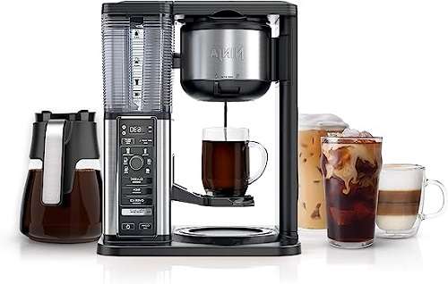 Ninja CM401 Specialty 10-Cup Coffee Maker, with 4 Brew Styles for Ground Coffee, Built-in Water Reservoir, Fold-Away Frother & Glass Carafe, Black, 50 Oz.