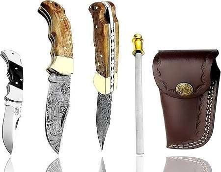 Damascus1 Ultimate Folding Knife Olive Wood Pocket Knife Compact